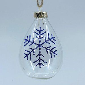 Teardrop glass Christmas ornament. Handmade blue rhinestone snowflake design.